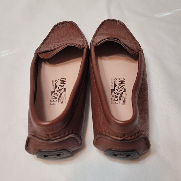 Salvatore Ferragamo Brown Leather Women's Driver Loafer Monogram Logo Flat 7.5 - Picture 8 of 14